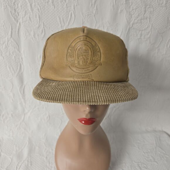 olympia beer Other - Vintage Olympia Beer Corduroy With Leather Trucker Hat Rare 80s